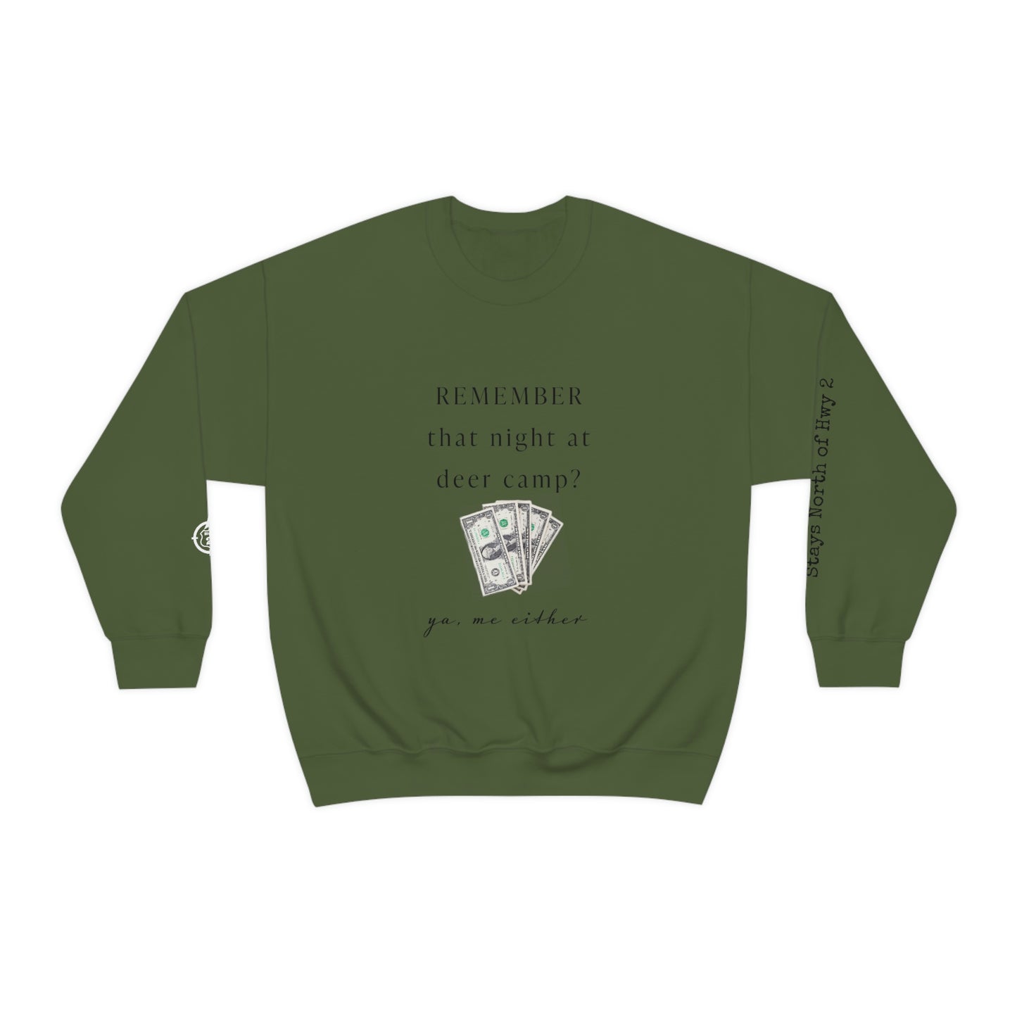 Remember That Night - Deer Camp With $$ - North of Hwy 2 - Unisex Heavy Blend™ Crewneck Sweatshirt - Hunting Theme