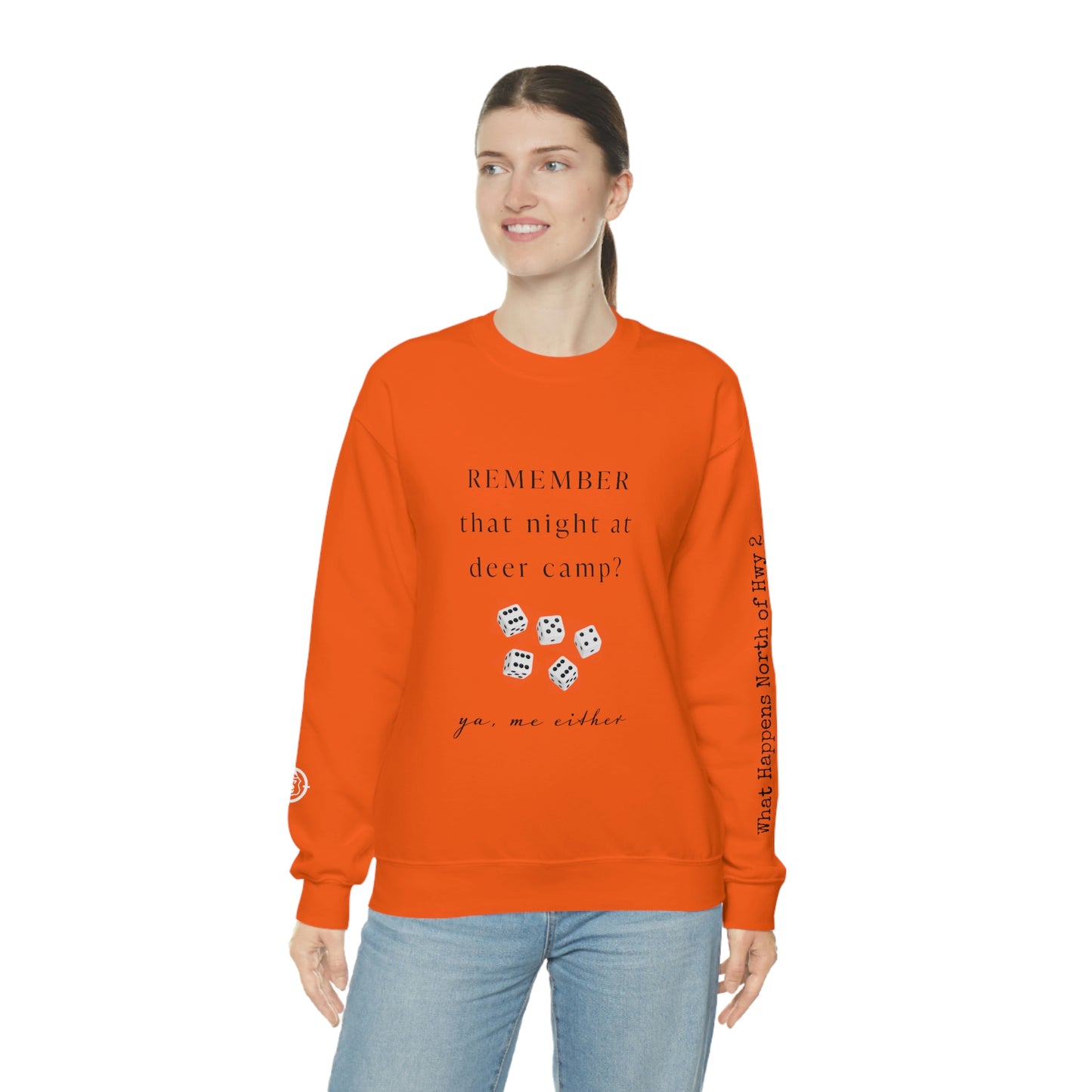 Remember That Night - Deer Camp With Dice - North of Hwy 2 - Unisex Heavy Blend™ Crewneck Sweatshirt - Hunting Theme