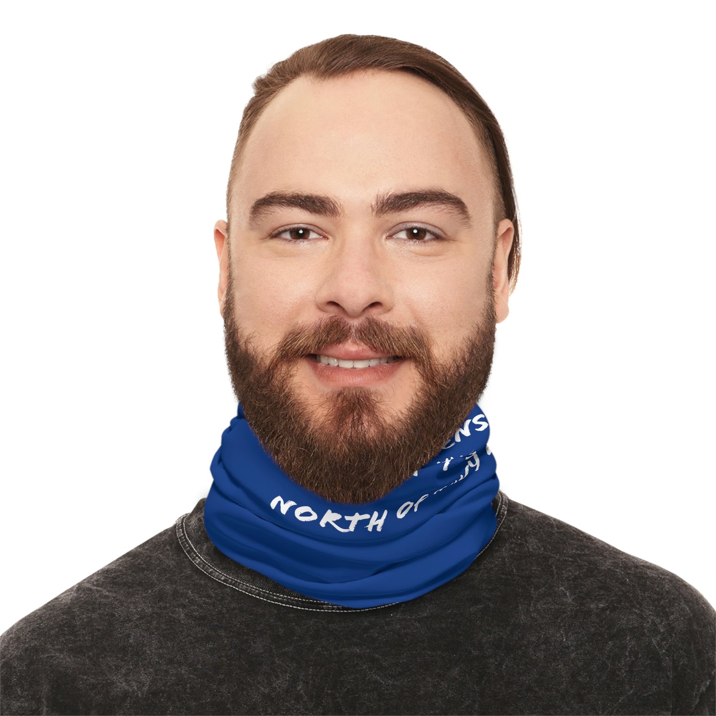 Cool Weather - North of Hwy 2 - Pattern - Fishing / Snowmobiling Winter Neck Gaiter With Drawstring - Dark Blue