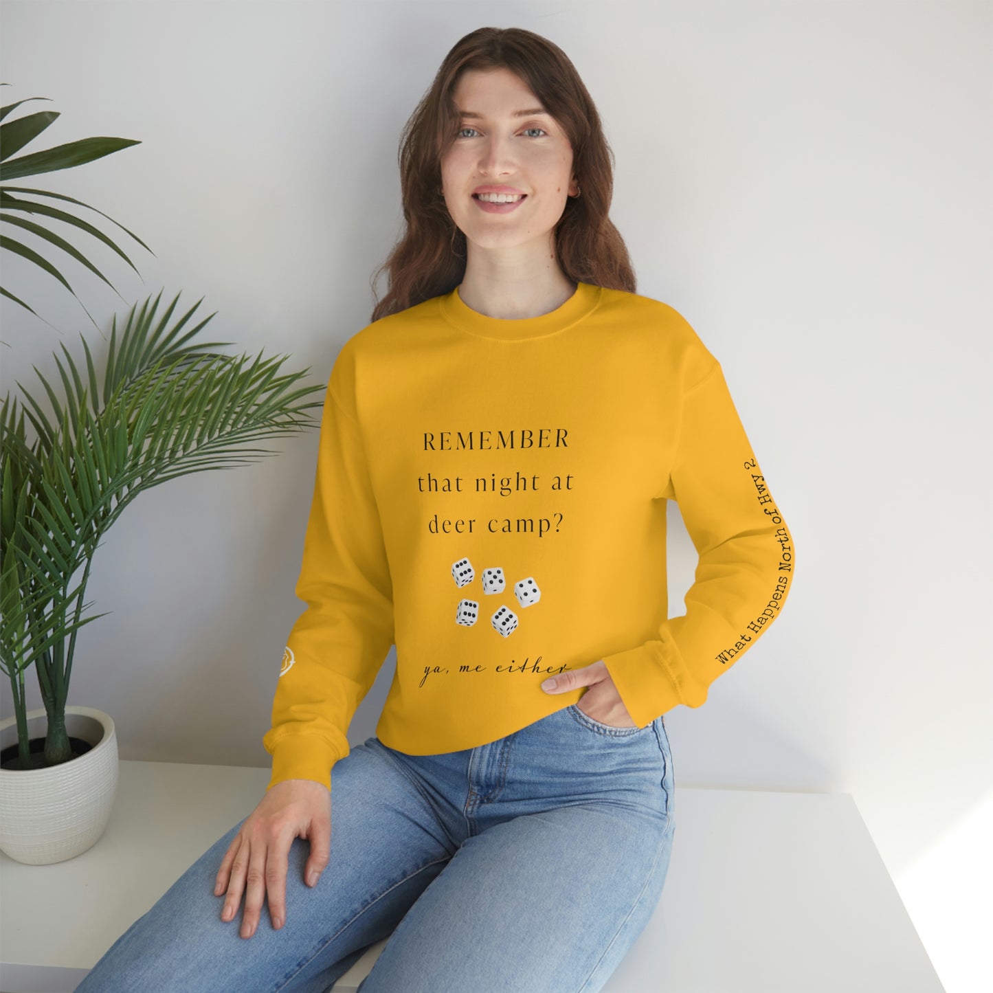Remember That Night - Deer Camp With Dice - North of Hwy 2 - Unisex Heavy Blend™ Crewneck Sweatshirt - Hunting Theme
