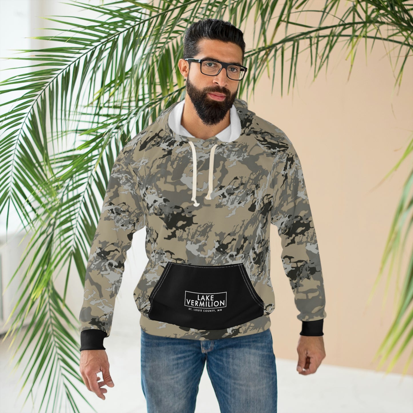 Lake Vermilion - MN - CUSTOM Vermilook® Medium Darkness Camo - Black Pocket - AOP Unisex Pullover Hoodie
