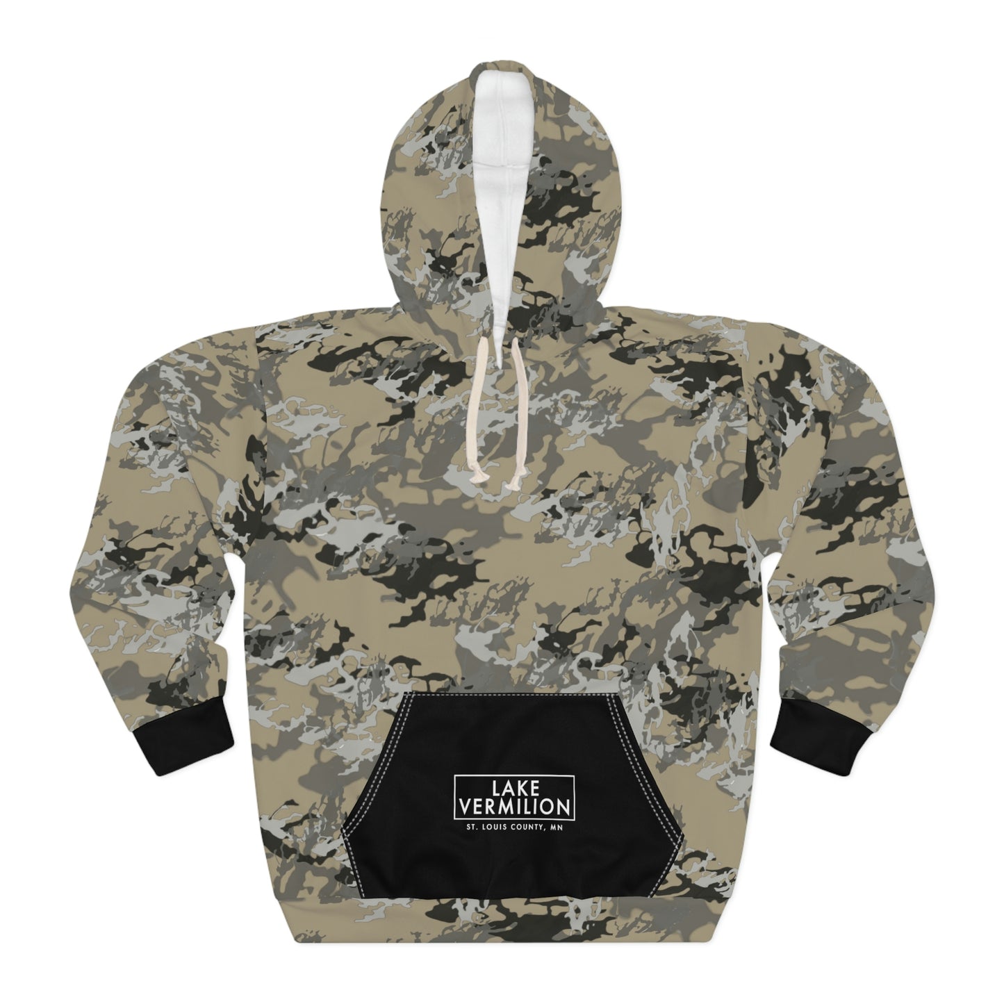 Lake Vermilion - MN - CUSTOM Vermilook® Medium Darkness Camo - Black Pocket - AOP Unisex Pullover Hoodie