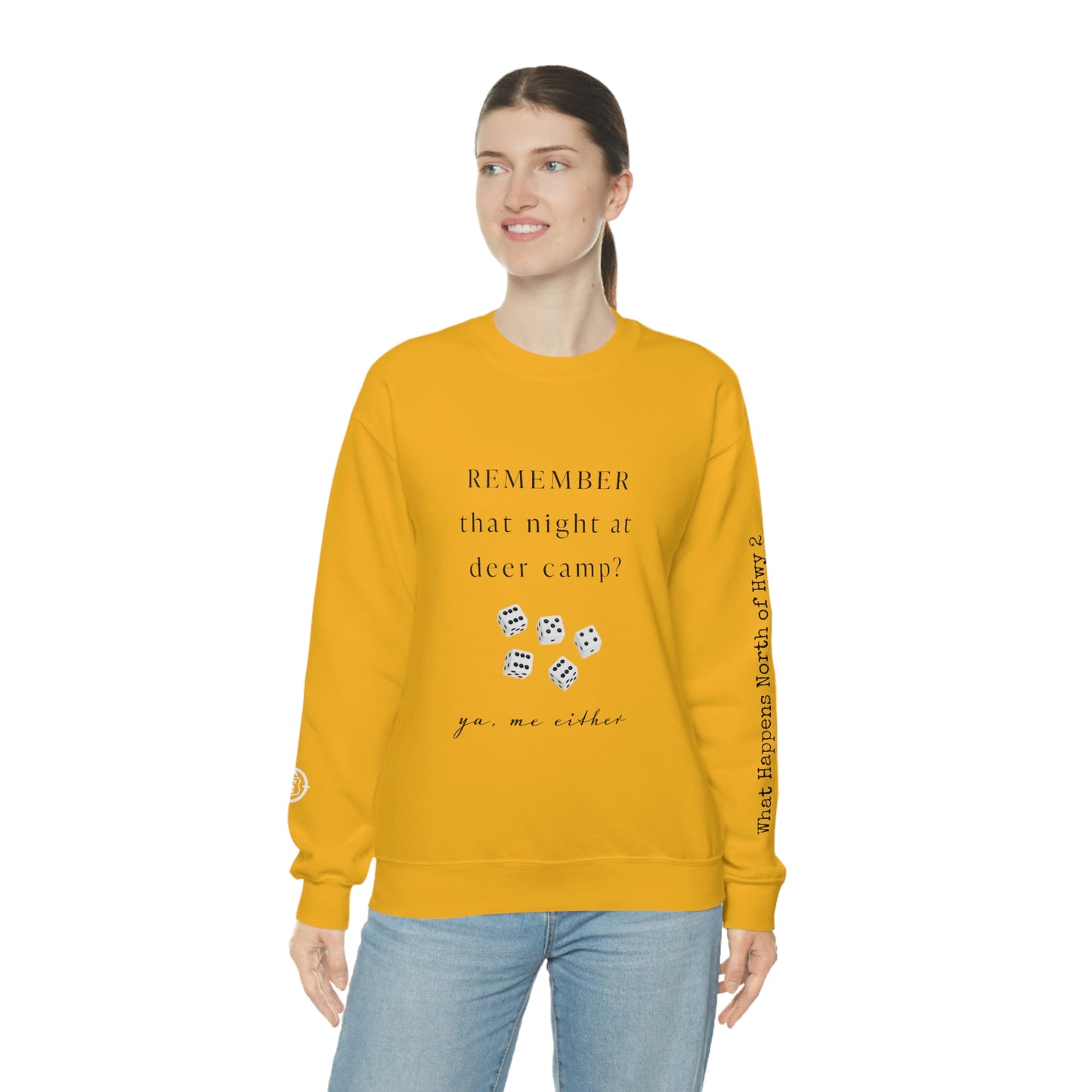 Remember That Night - Deer Camp With Dice - North of Hwy 2 - Unisex Heavy Blend™ Crewneck Sweatshirt - Hunting Theme