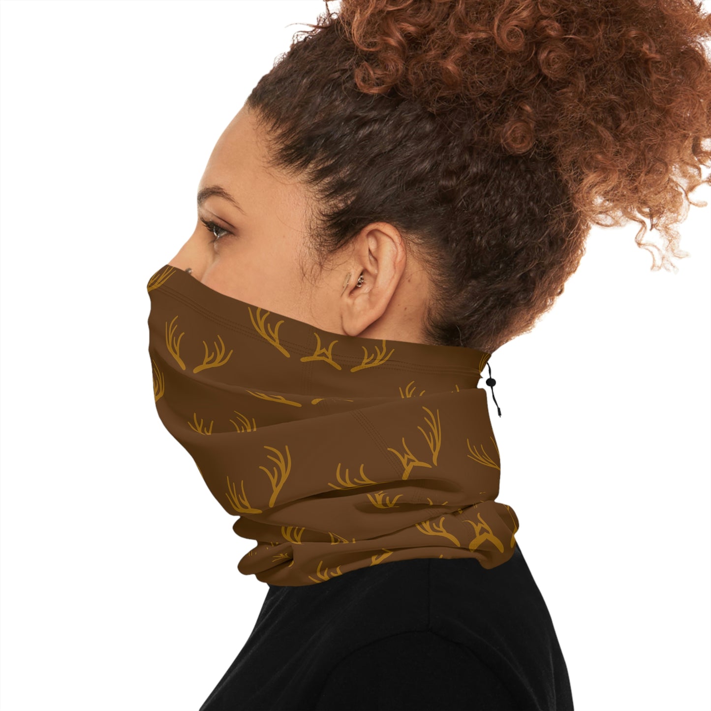 Cool Weather  - Antler - Pattern - Fishing / Snowmobiling / Hunting Winter Neck Gaiter With Drawstring - Brown