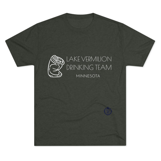 Lake Vermilion - Drinking Team - Crushed Can - White Graphic - Unisex Tri-Blend Crew Tee