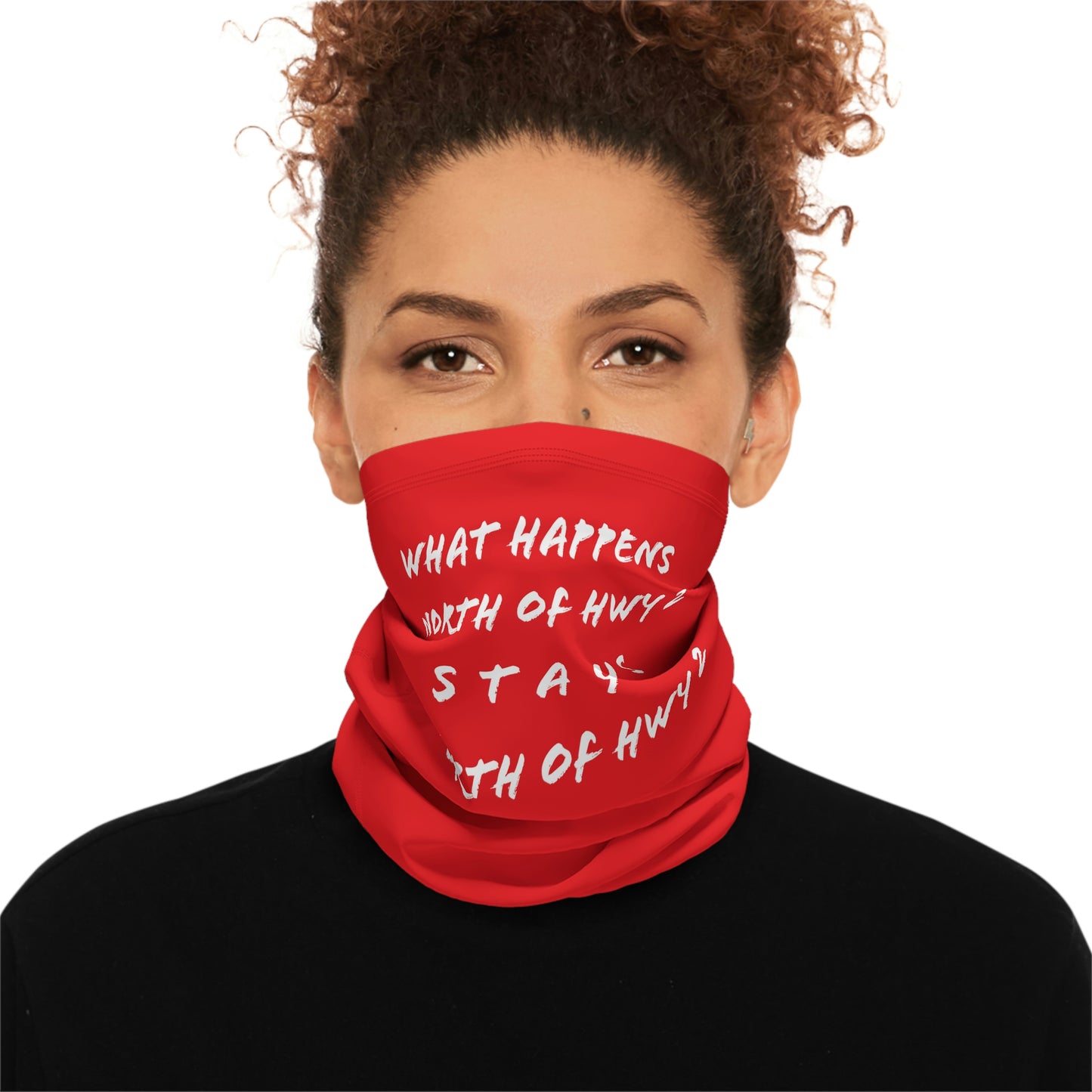 Cool Weather  - North of Hwy 2 - Pattern - Fishing / Snowmobiling Winter Neck Gaiter With Drawstring - Red