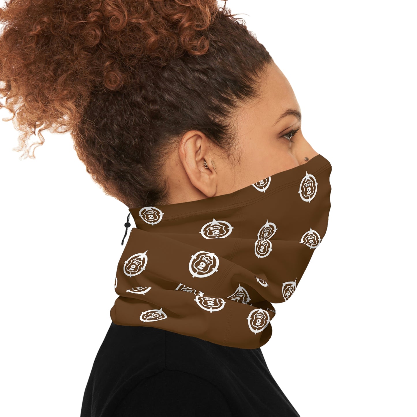 Cool Weather  - N o 2 - North of Hwy 2 - Pattern - Fishing / Snowmobiling Winter Neck Gaiter With Drawstring - Brown