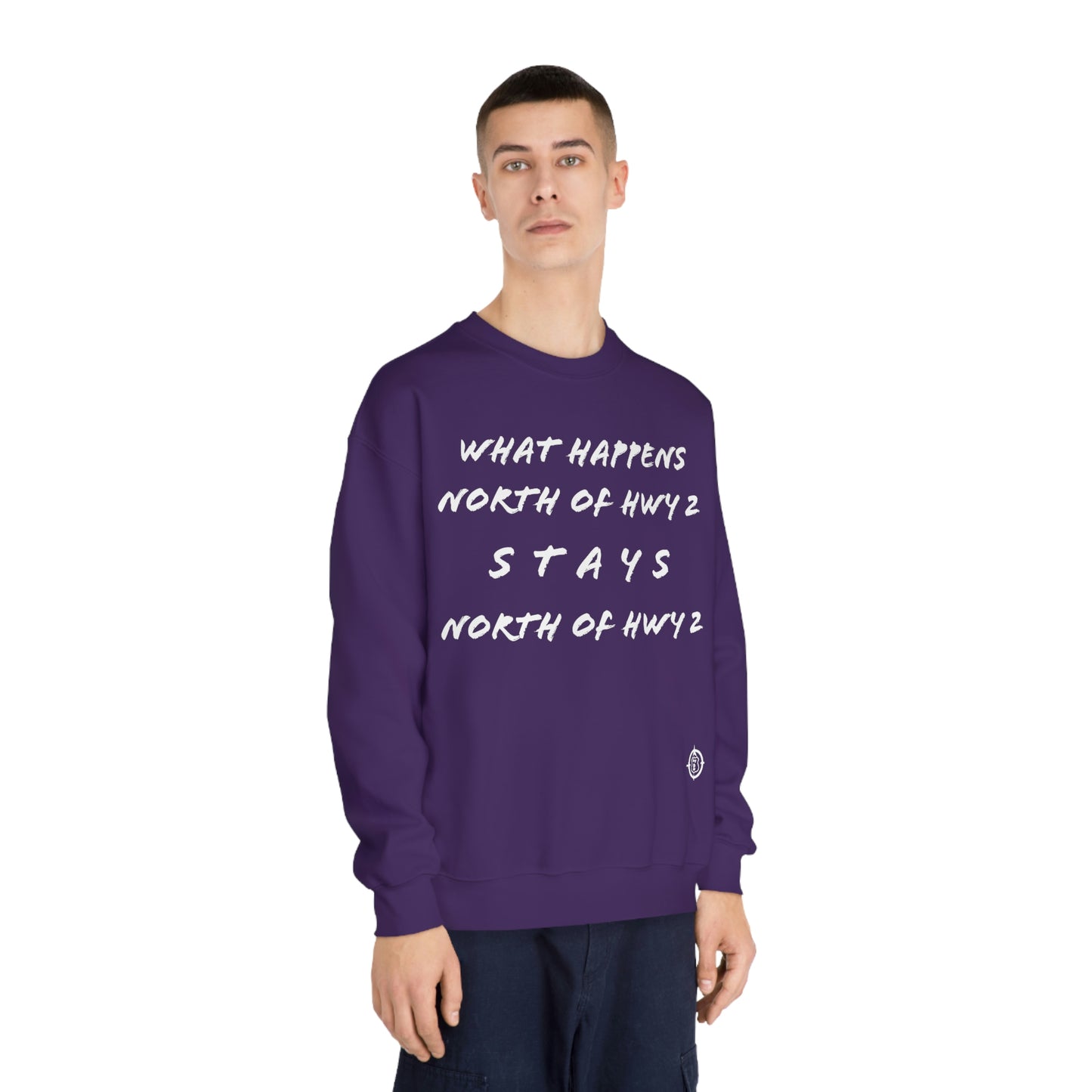 What Happens North of Hwy 2 - With Personalized Back - Unisex DryBlend® Crewneck Sweatshirt