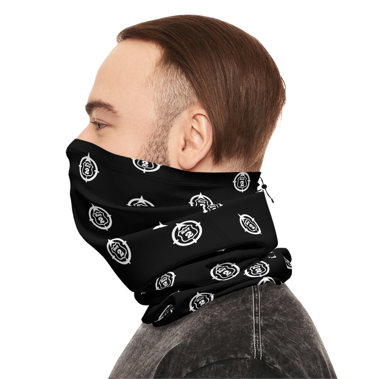Cool Weather  - N o 2 - North of Hwy 2 - Pattern - Fishing / Snowmobiling Winter Neck Gaiter With Drawstring - Black