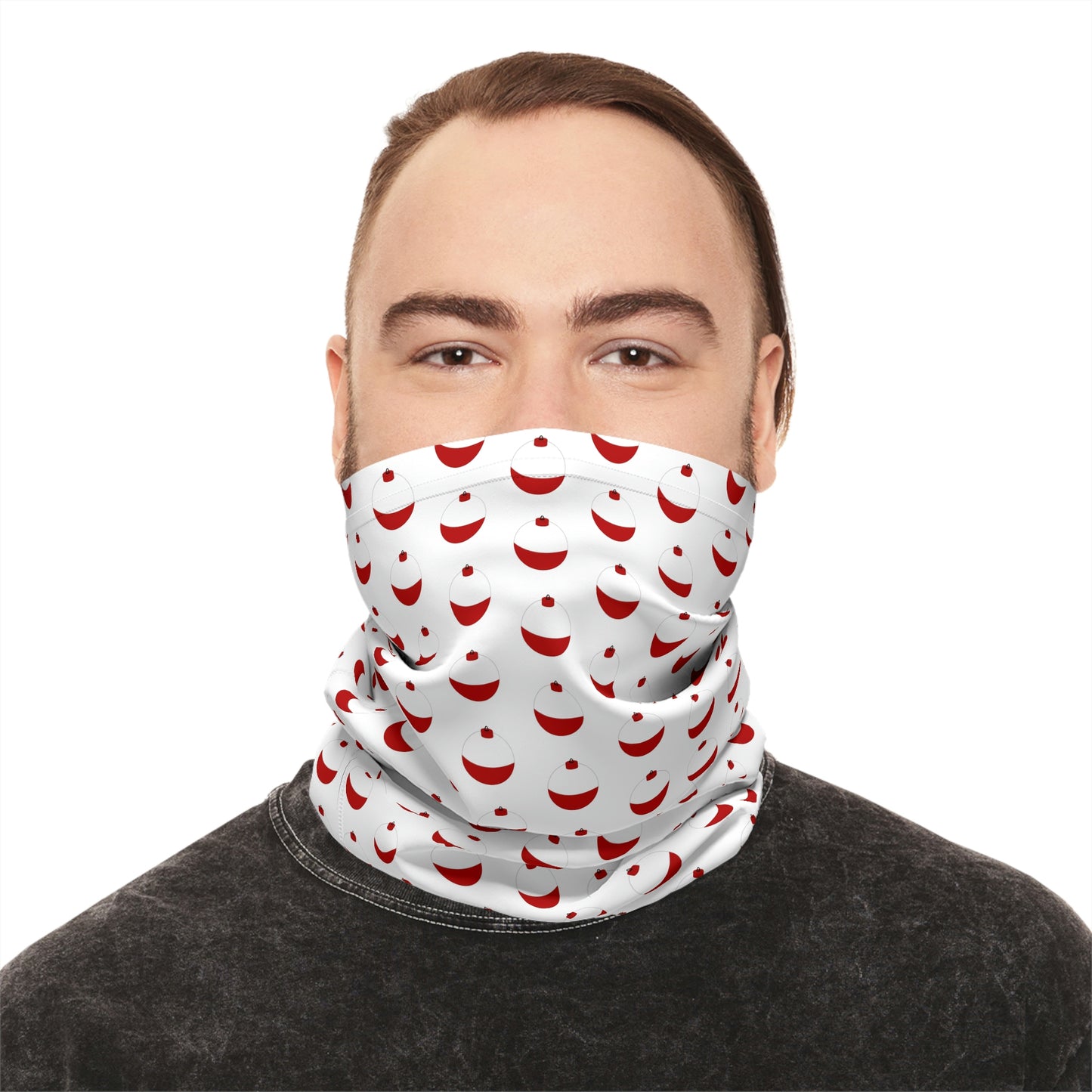 Summer Weather  -Traditional Red & White Bobber- Pattern - Fishing / Boating Lightweight Neck Gaiter - White