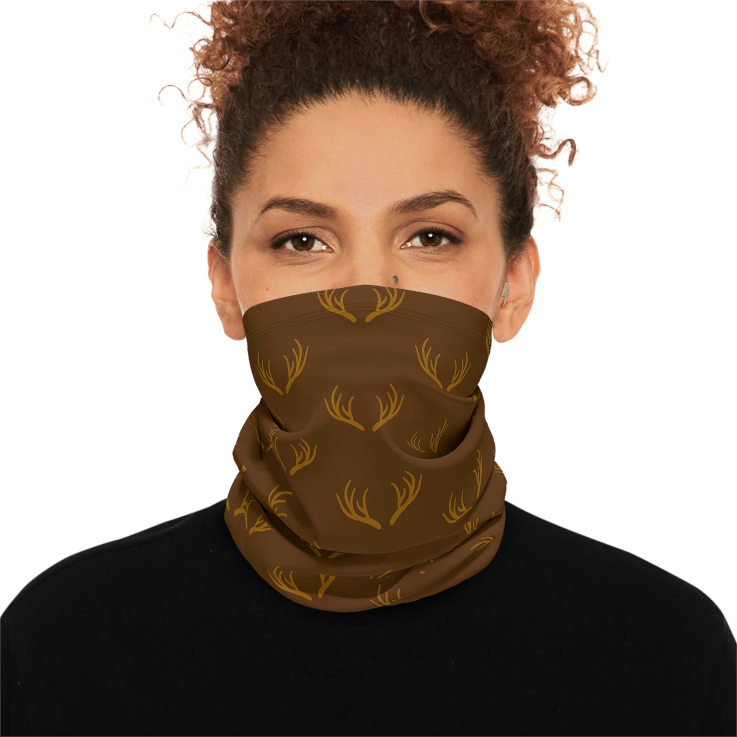 Cool Weather  - Antler - Pattern - Fishing / Snowmobiling / Hunting Winter Neck Gaiter With Drawstring - Brown
