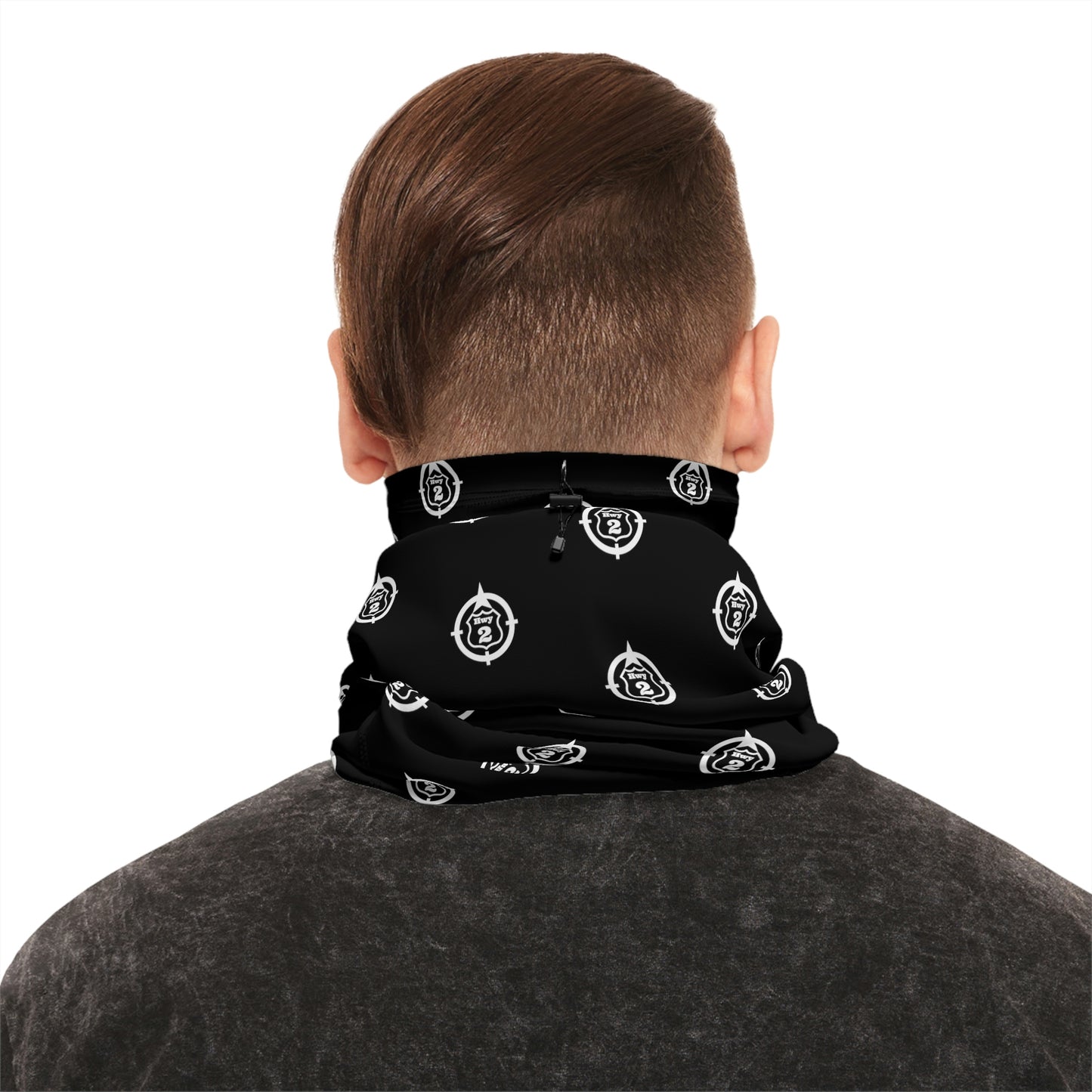 Cool Weather  - N o 2 - North of Hwy 2 - Pattern - Fishing / Snowmobiling Winter Neck Gaiter With Drawstring - Black