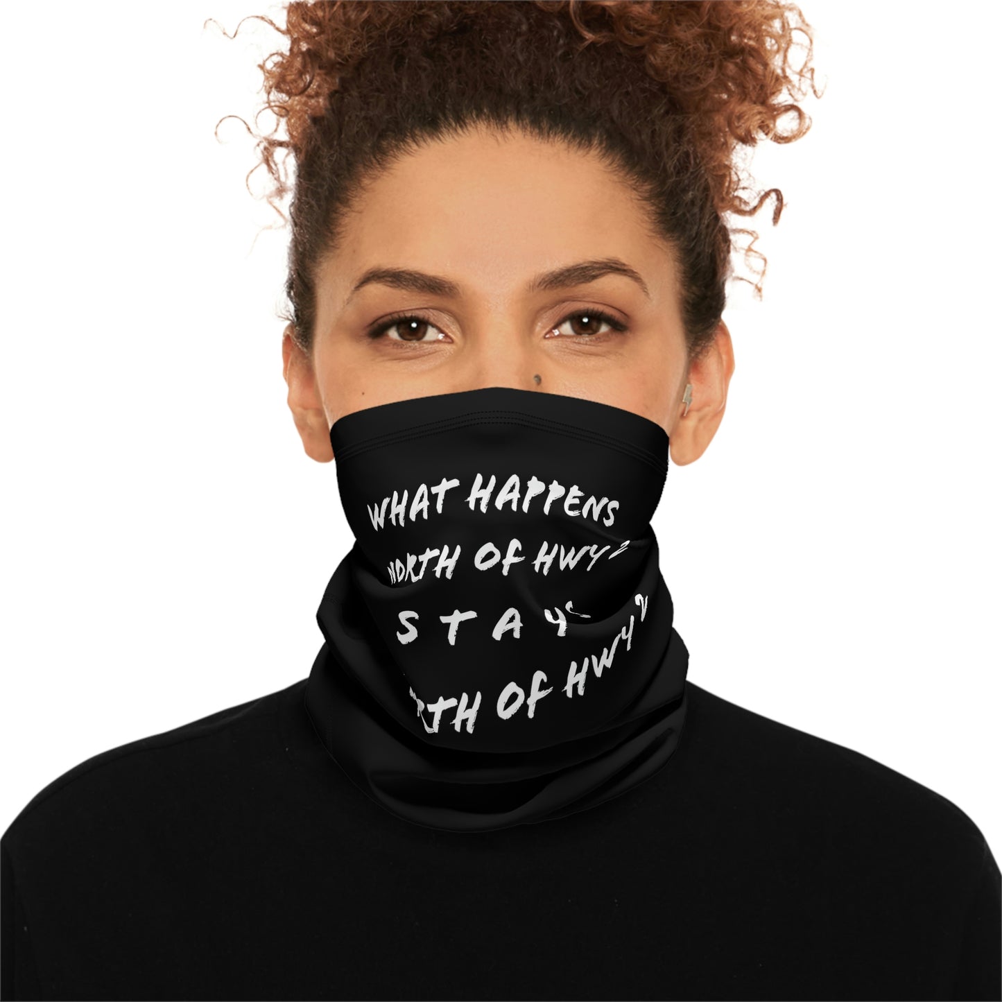 Cool Weather  - North of Hwy 2 - Pattern - Fishing / Snowmobiling Winter Neck Gaiter With Drawstring - Black