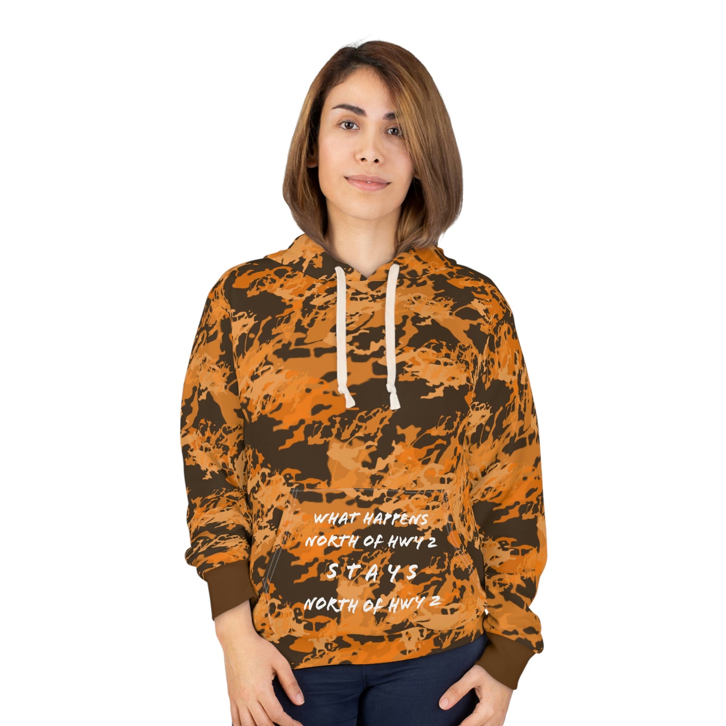 North of Hwy 2 - CUSTOM Vermilook® Dark Orange Camo - Camp Pocket - AOP Unisex Pullover Hoodie