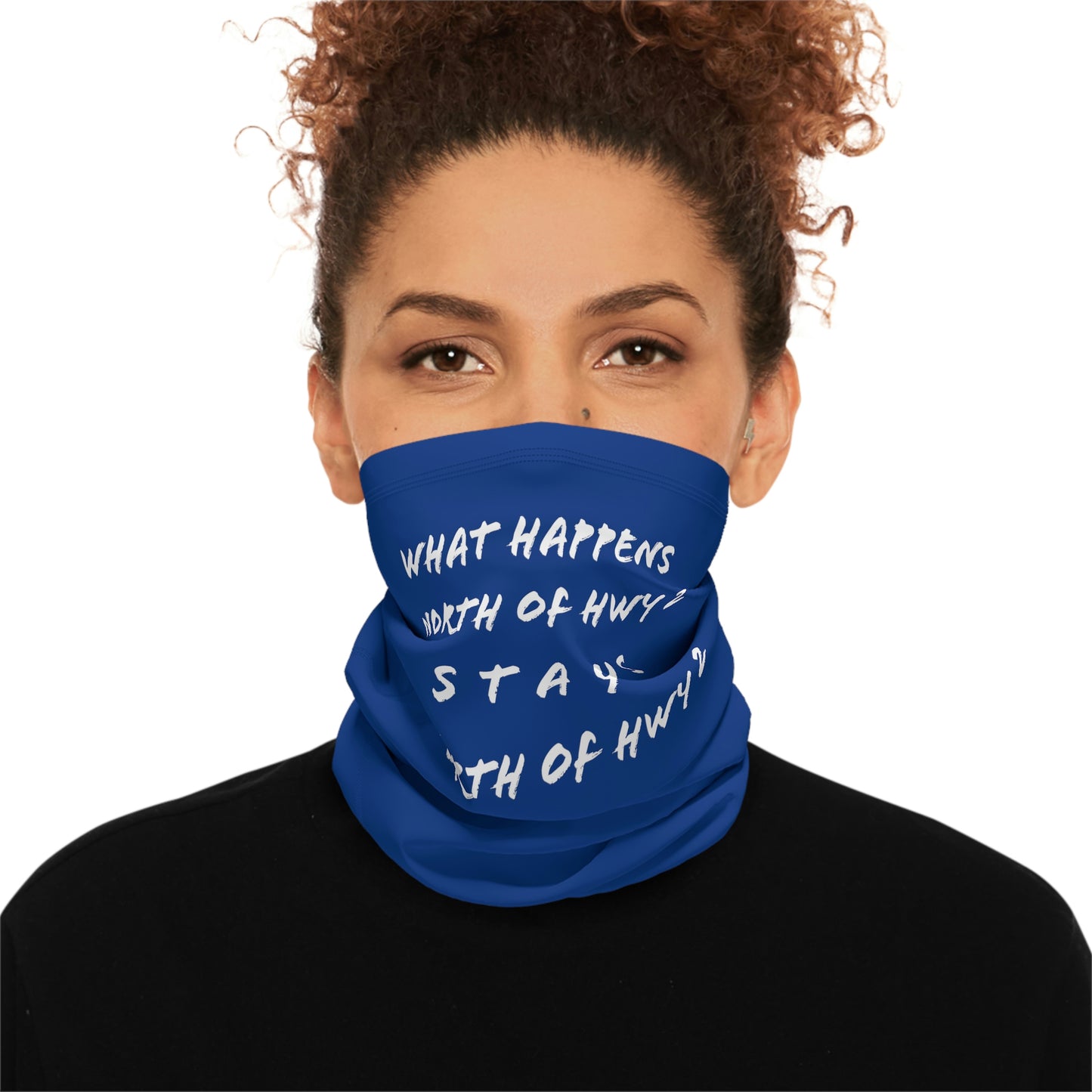 Cool Weather  - North of Hwy 2 - Pattern - Fishing / Snowmobiling Winter Neck Gaiter With Drawstring - Dark Blue