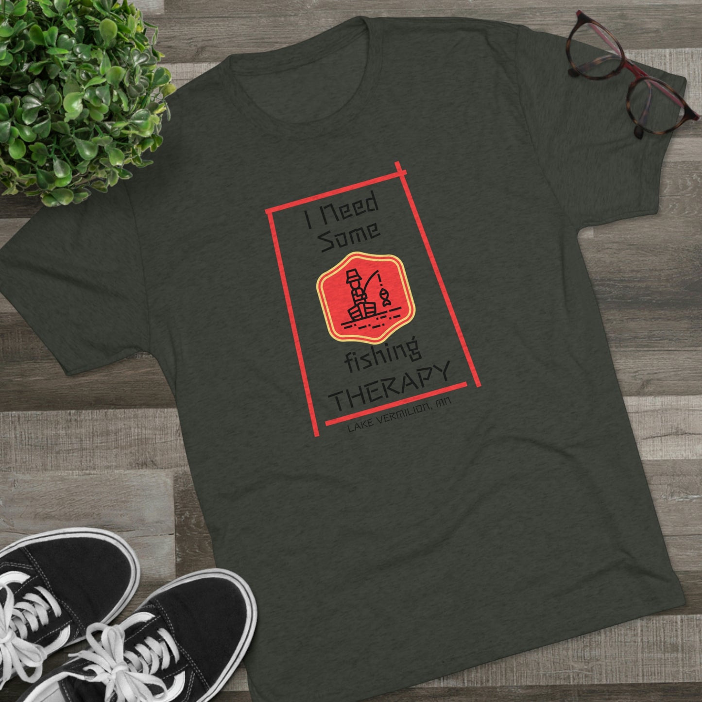 Fishing Therapy - Red Accents - Lake Vermilion - Unisex Tri-Blend Crew Tee