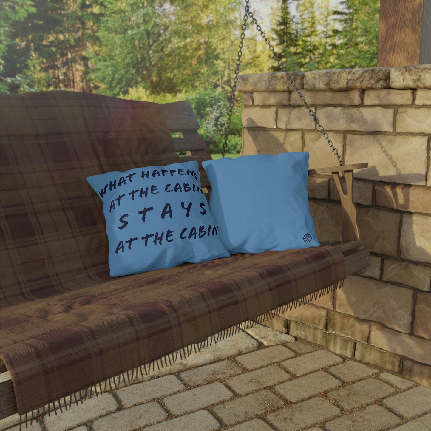 What Happens At The Cabin - Blue - Outdoor Pillow