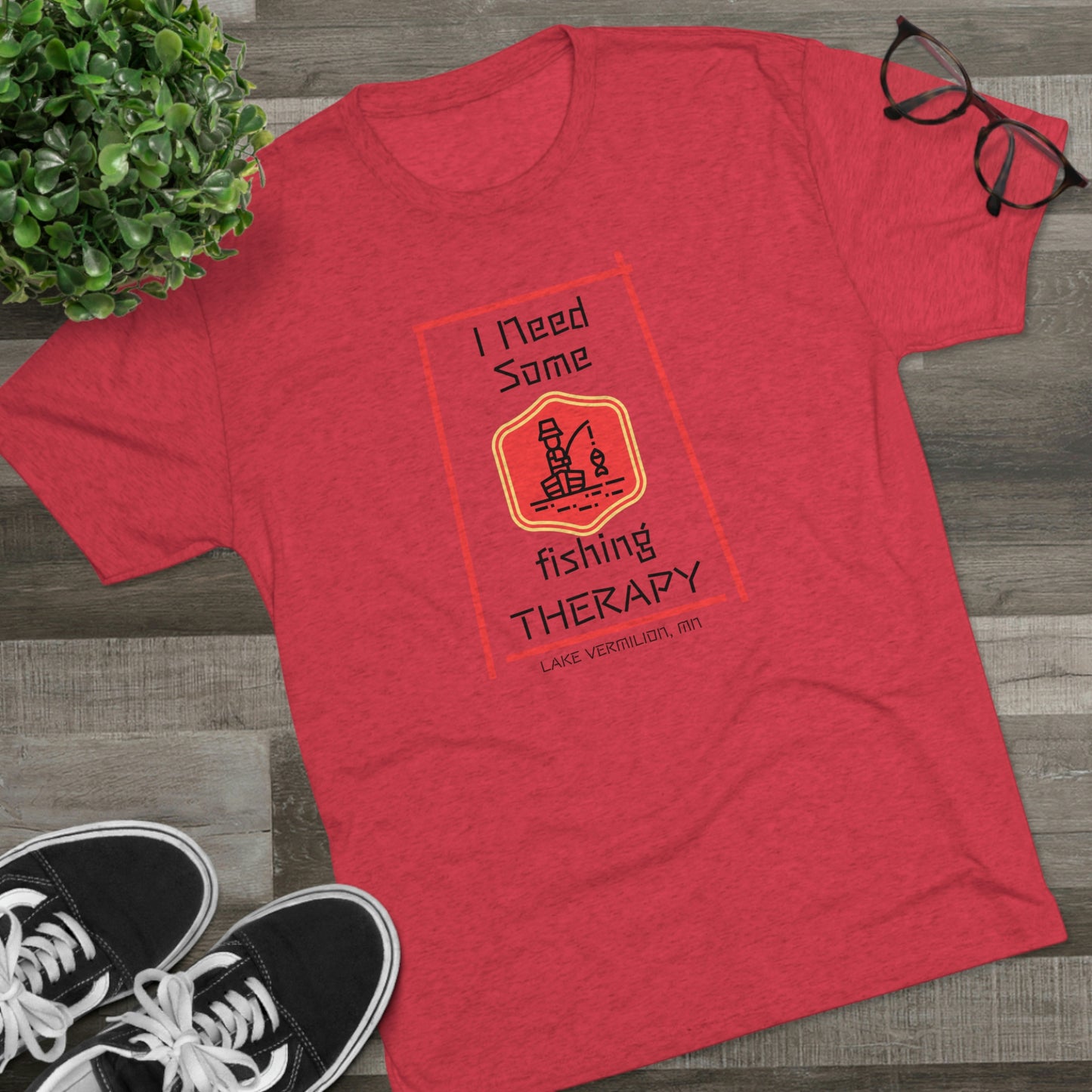 Fishing Therapy - Red Accents - Lake Vermilion - Unisex Tri-Blend Crew Tee