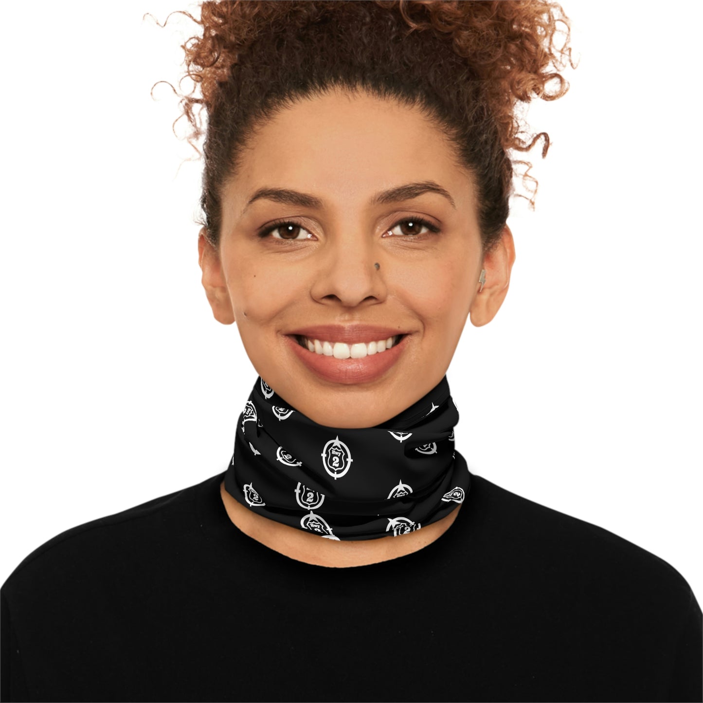 Cool Weather  - N o 2 - North of Hwy 2 - Pattern - Fishing / Snowmobiling Winter Neck Gaiter With Drawstring - Black