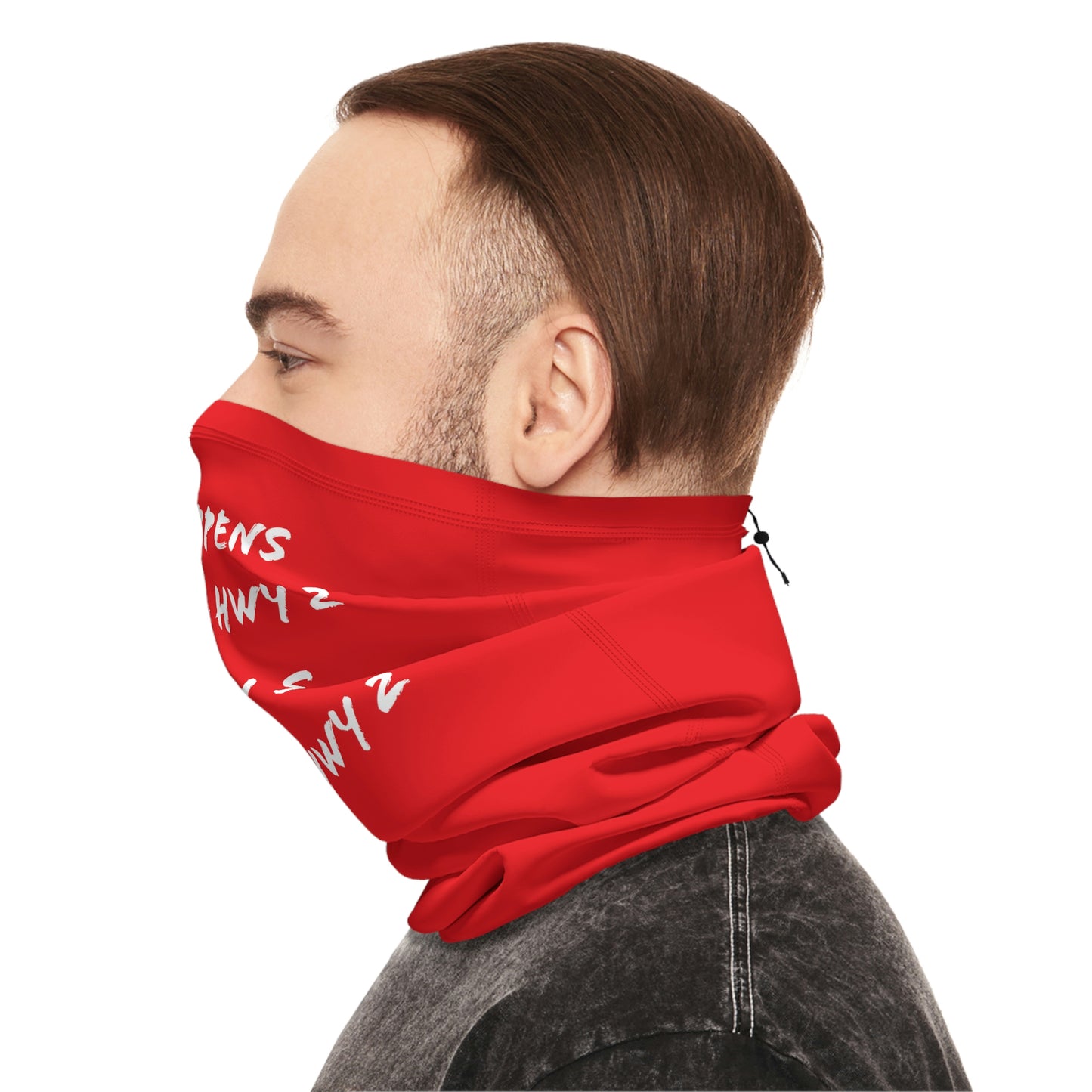 Cool Weather  - North of Hwy 2 - Pattern - Fishing / Snowmobiling Winter Neck Gaiter With Drawstring - Red