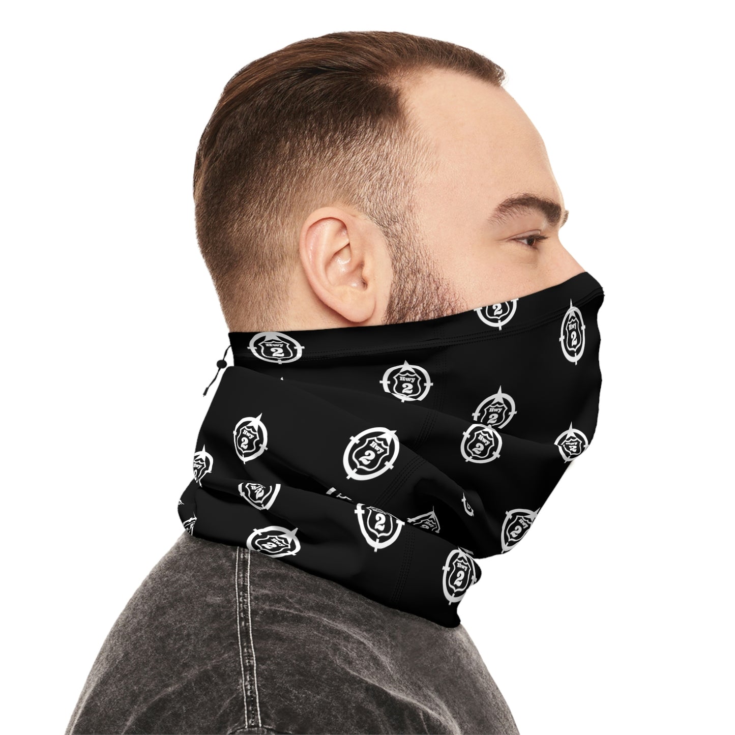 Cool Weather  - N o 2 - North of Hwy 2 - Pattern - Fishing / Snowmobiling Winter Neck Gaiter With Drawstring - Black