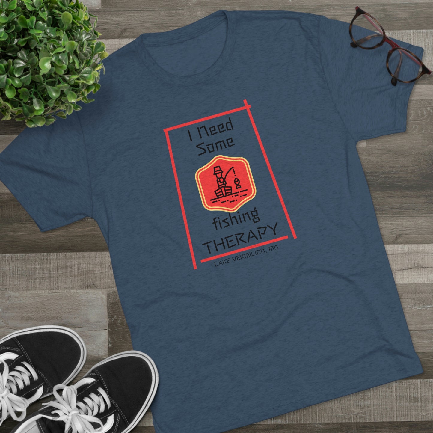 Fishing Therapy - Red Accents - Lake Vermilion - Unisex Tri-Blend Crew Tee