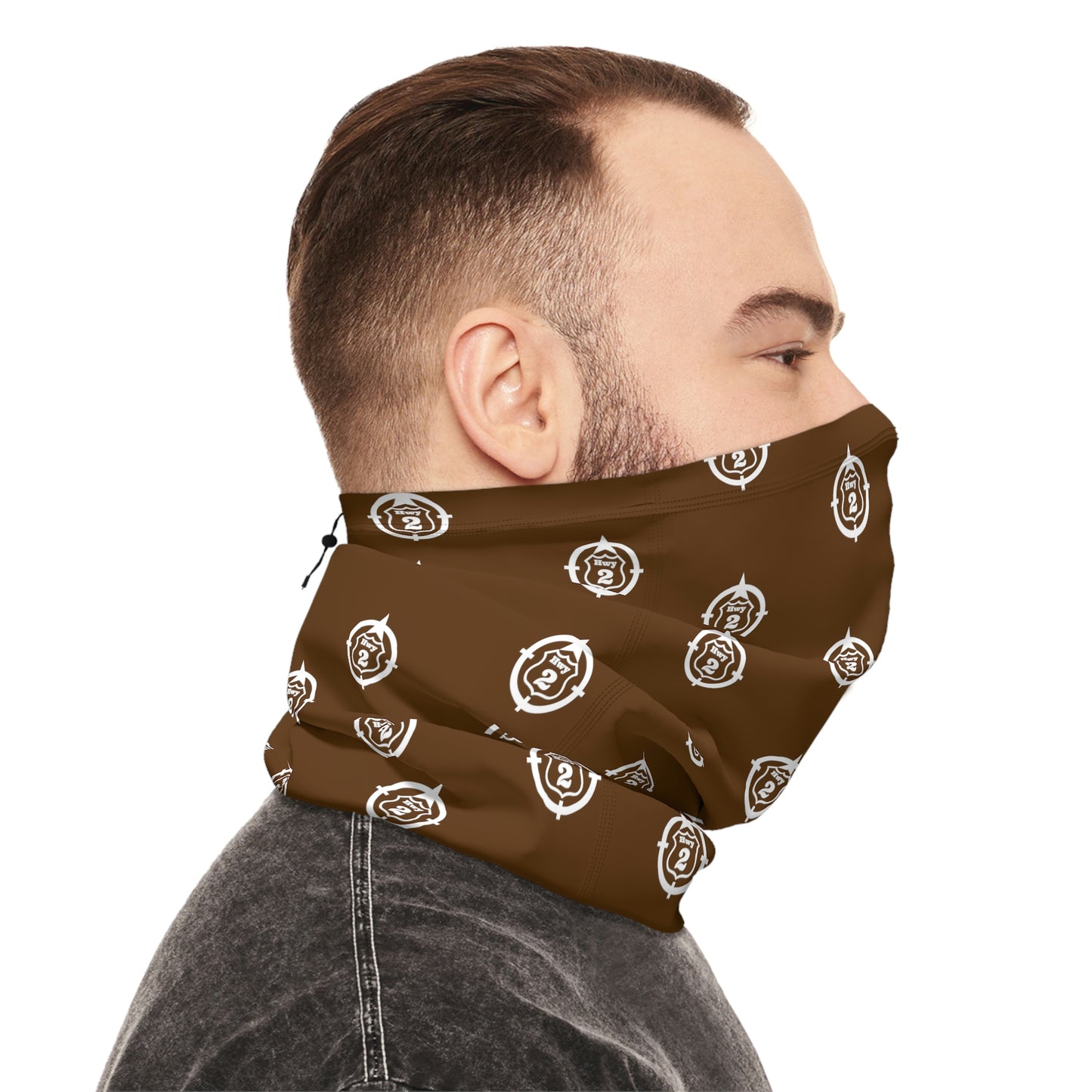 Cool Weather  - N o 2 - North of Hwy 2 - Pattern - Fishing / Snowmobiling Winter Neck Gaiter With Drawstring - Brown