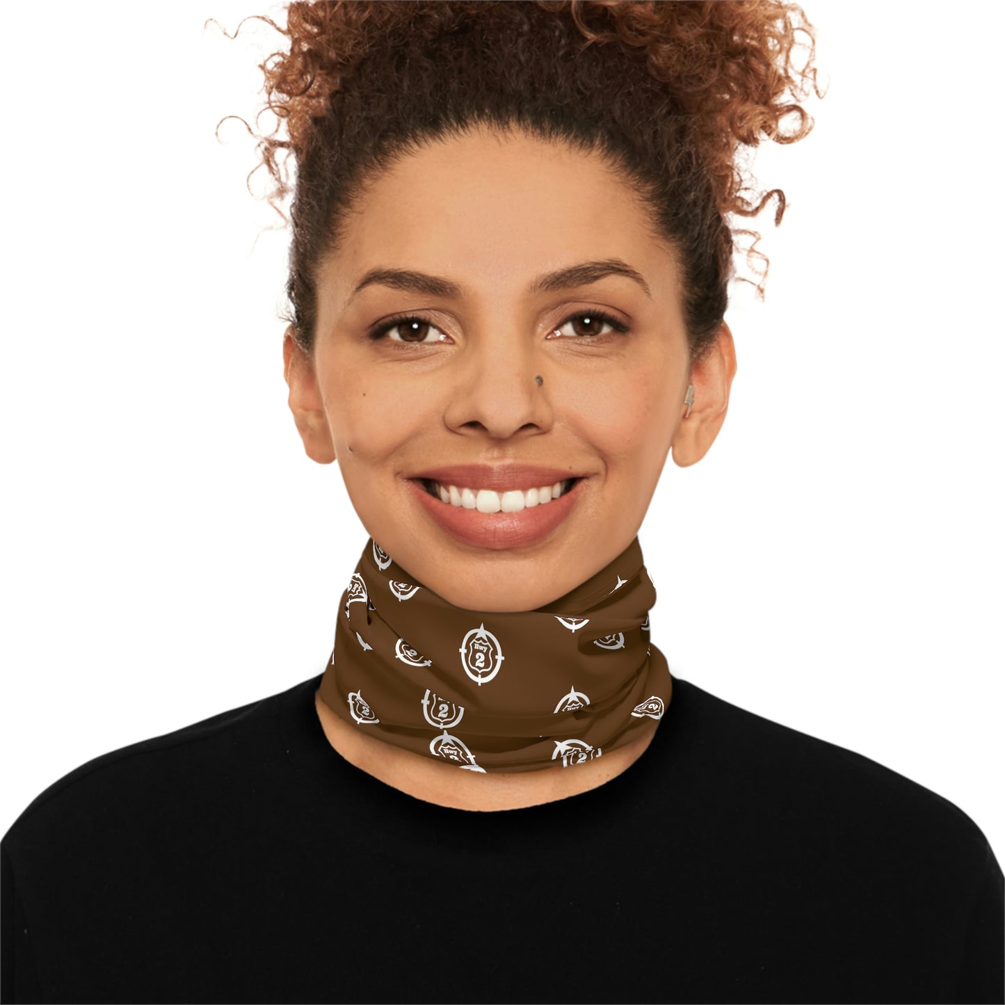 Cool Weather  - N o 2 - North of Hwy 2 - Pattern - Fishing / Snowmobiling Winter Neck Gaiter With Drawstring - Brown