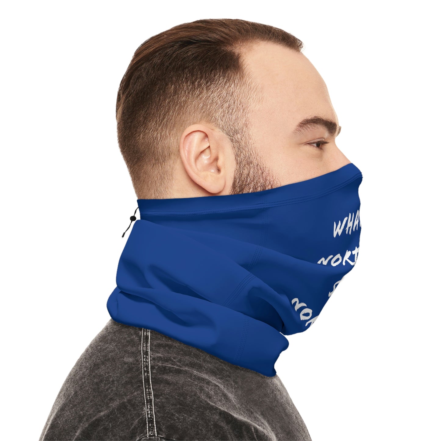 Cool Weather  - North of Hwy 2 - Pattern - Fishing / Snowmobiling Winter Neck Gaiter With Drawstring - Dark Blue