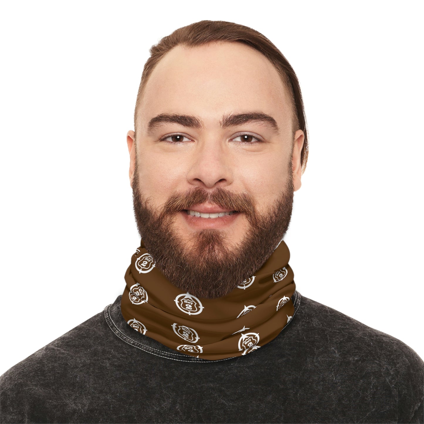 Cool Weather  - N o 2 - North of Hwy 2 - Pattern - Fishing / Snowmobiling Winter Neck Gaiter With Drawstring - Brown