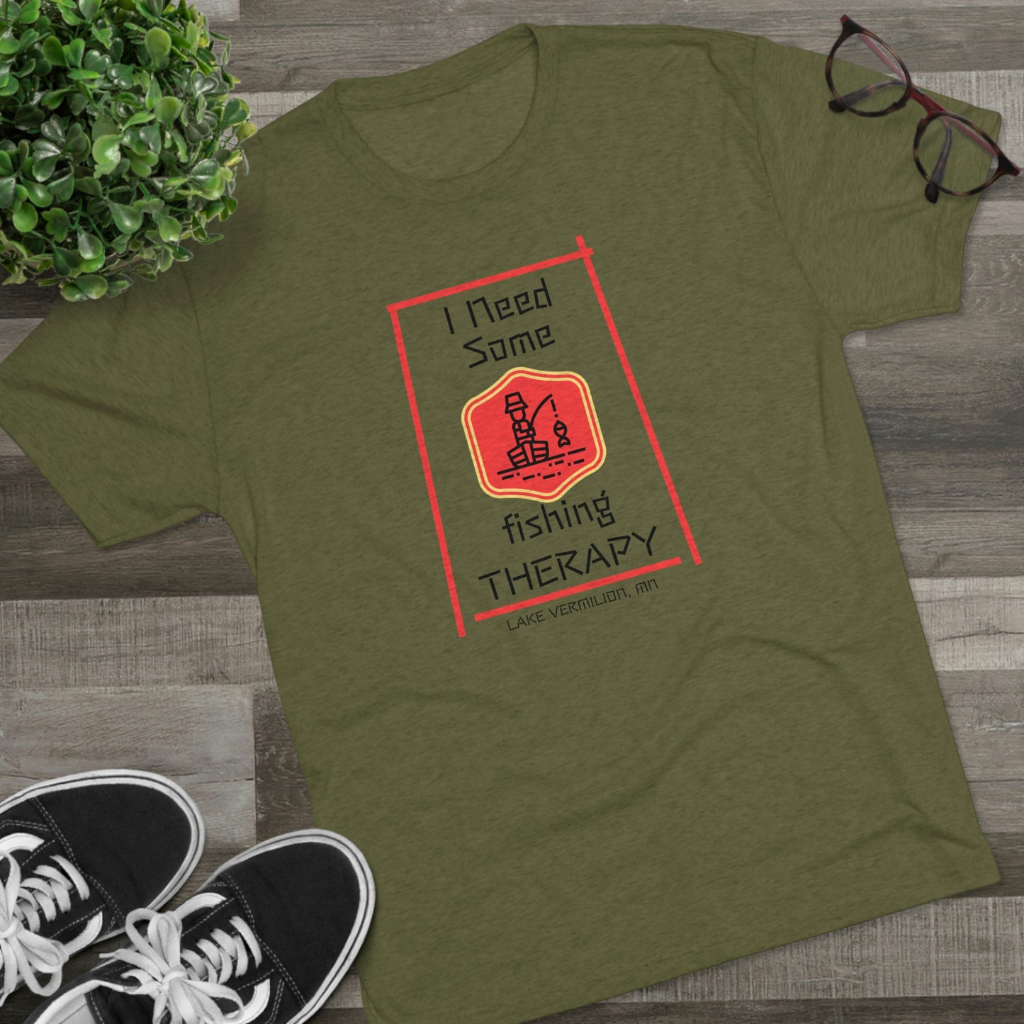 Fishing Therapy - Red Accents - Lake Vermilion - Unisex Tri-Blend Crew Tee