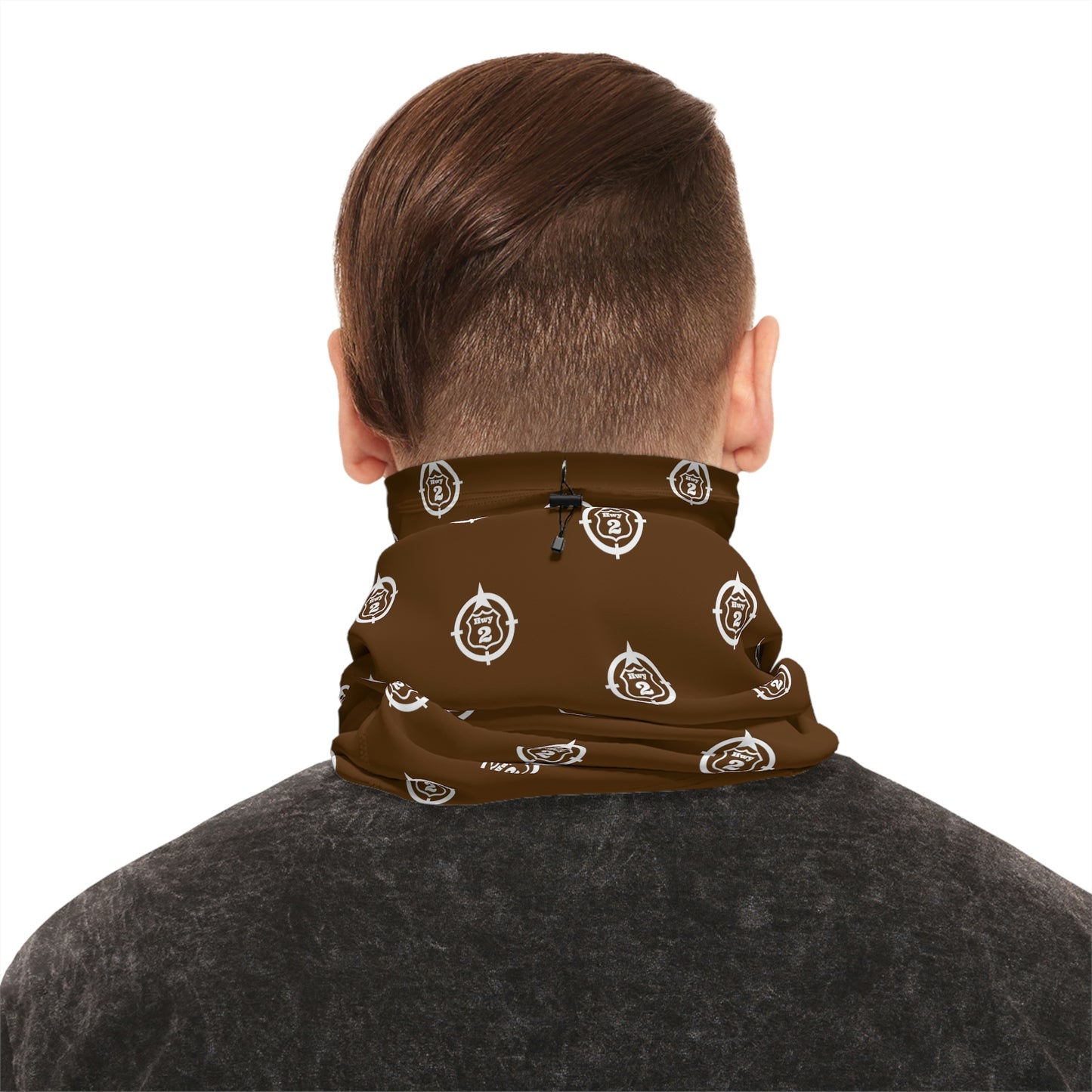 Cool Weather  - N o 2 - North of Hwy 2 - Pattern - Fishing / Snowmobiling Winter Neck Gaiter With Drawstring - Brown