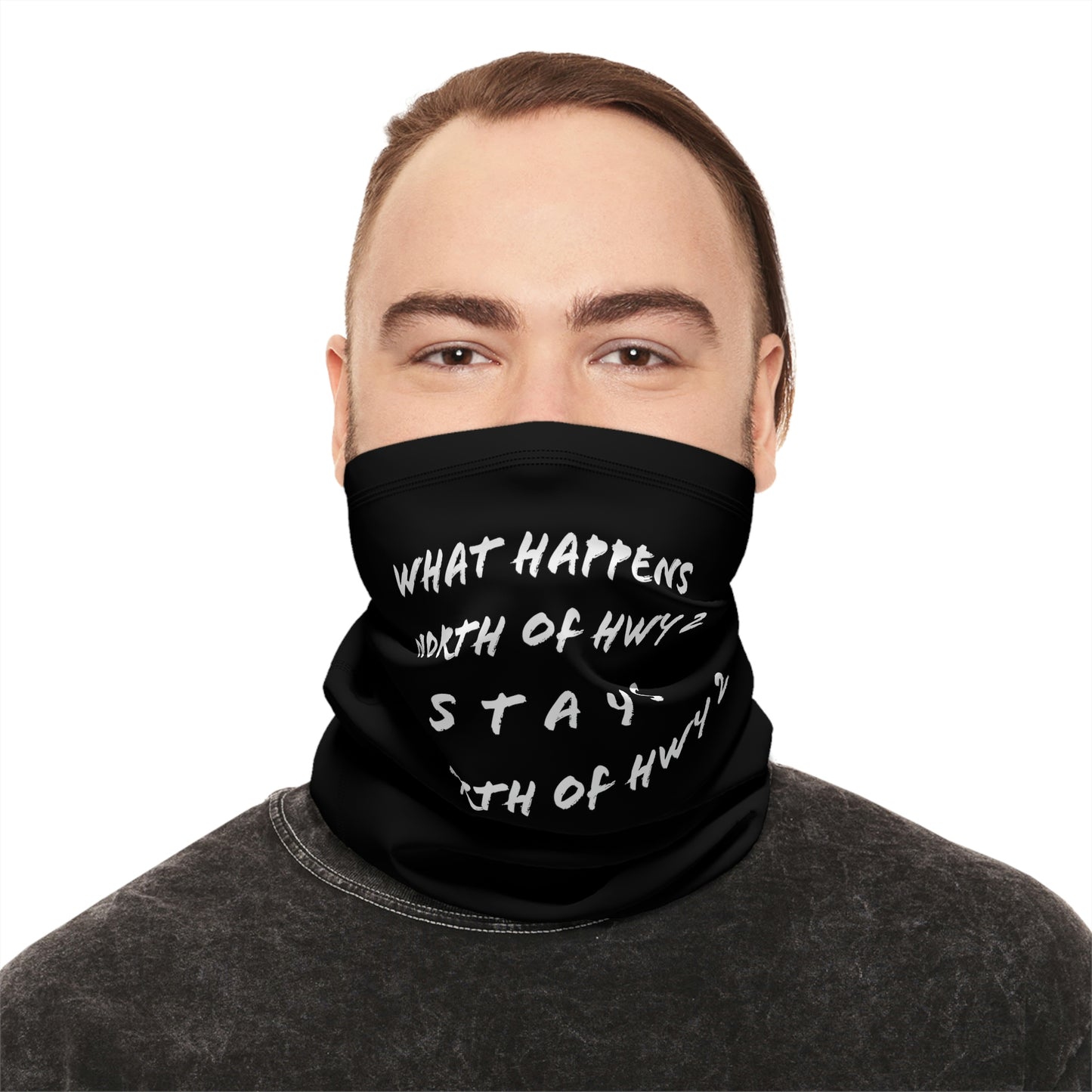 Cool Weather  - North of Hwy 2 - Pattern - Fishing / Snowmobiling Winter Neck Gaiter With Drawstring - Black