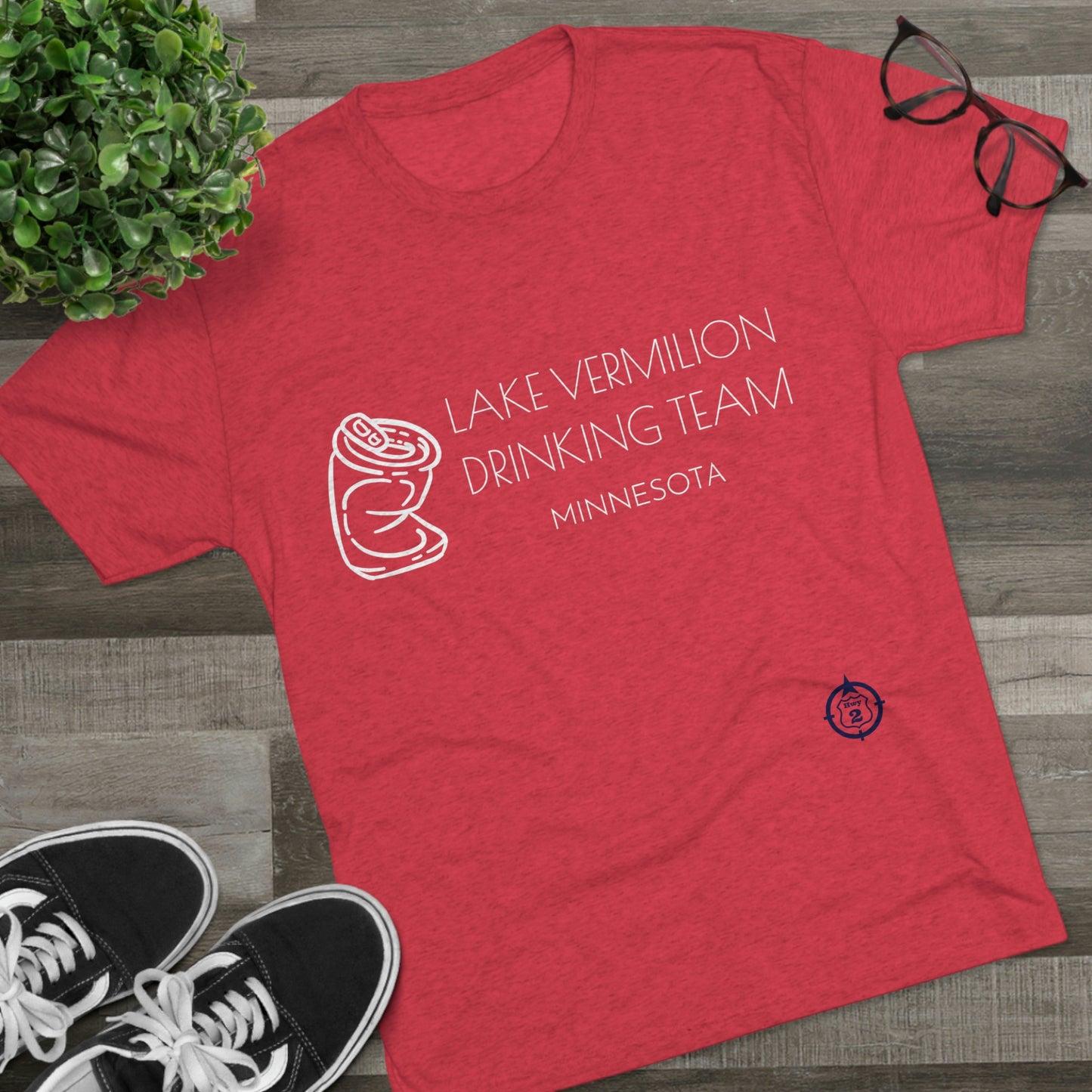 Lake Vermilion - Drinking Team - Crushed Can - White Graphic - Unisex Tri-Blend Crew Tee