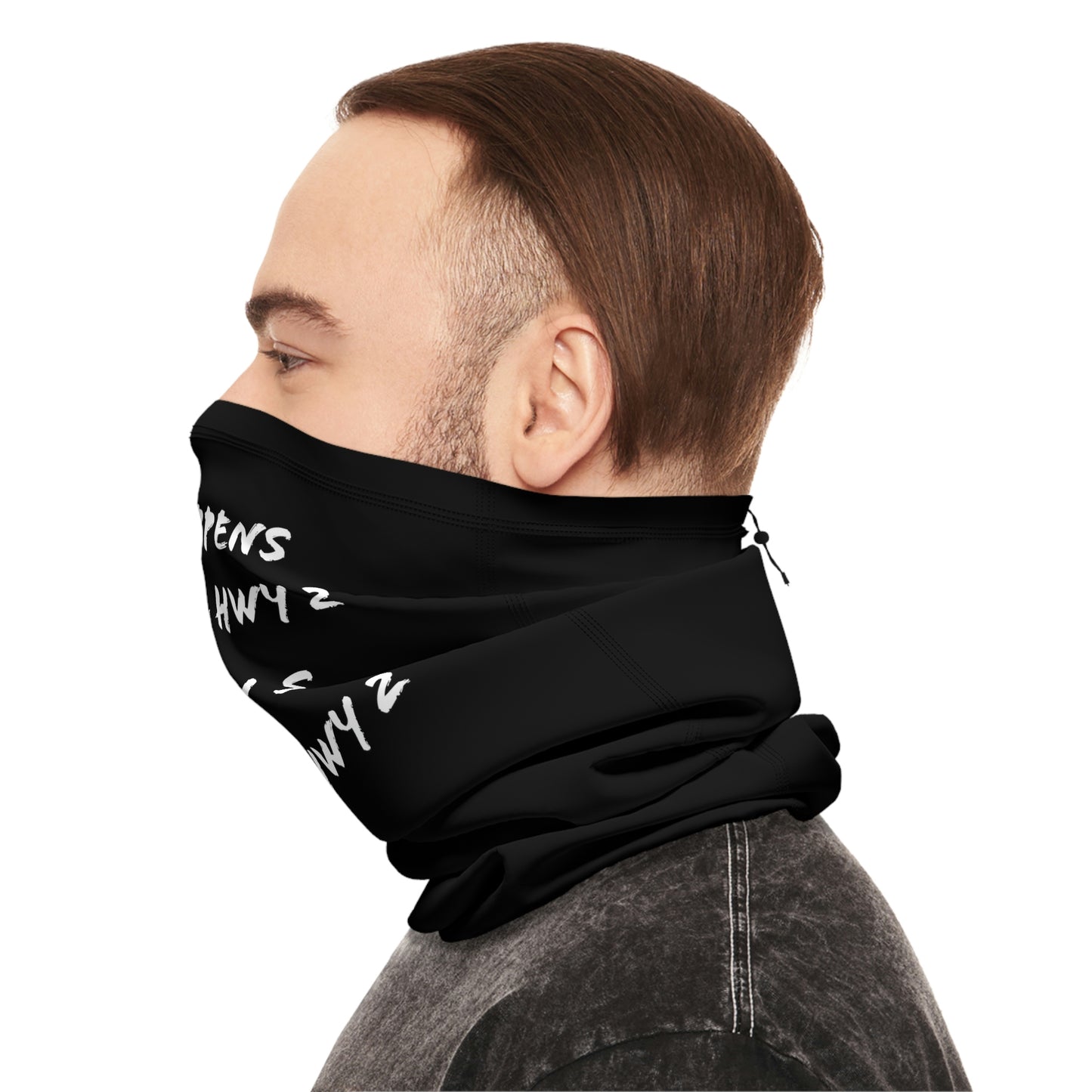 Cool Weather  - North of Hwy 2 - Pattern - Fishing / Snowmobiling Winter Neck Gaiter With Drawstring - Black