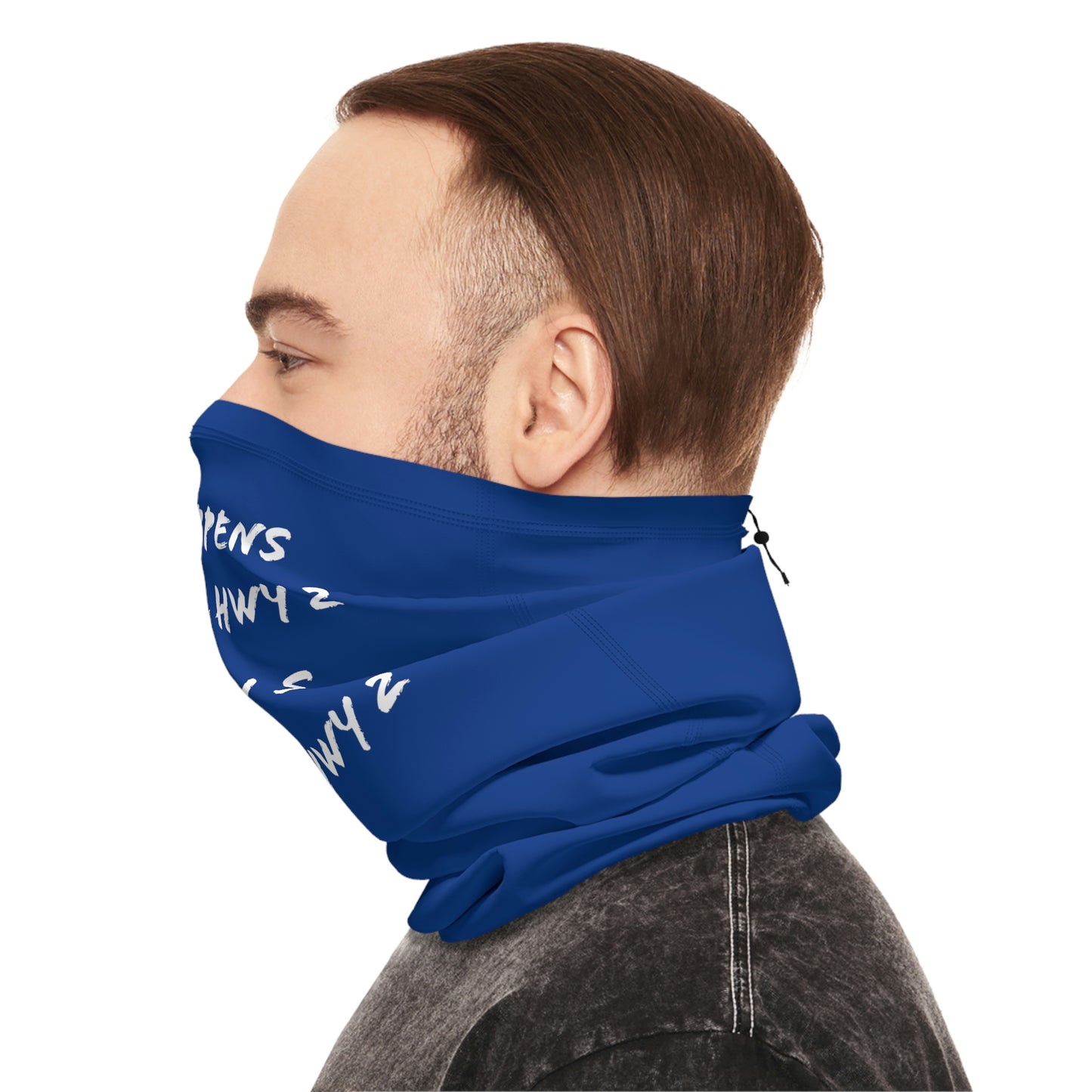 Cool Weather  - North of Hwy 2 - Pattern - Fishing / Snowmobiling Winter Neck Gaiter With Drawstring - Dark Blue