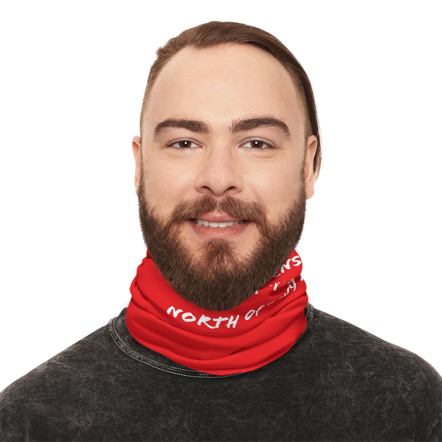 Cool Weather  - North of Hwy 2 - Pattern - Fishing / Snowmobiling Winter Neck Gaiter With Drawstring - Red