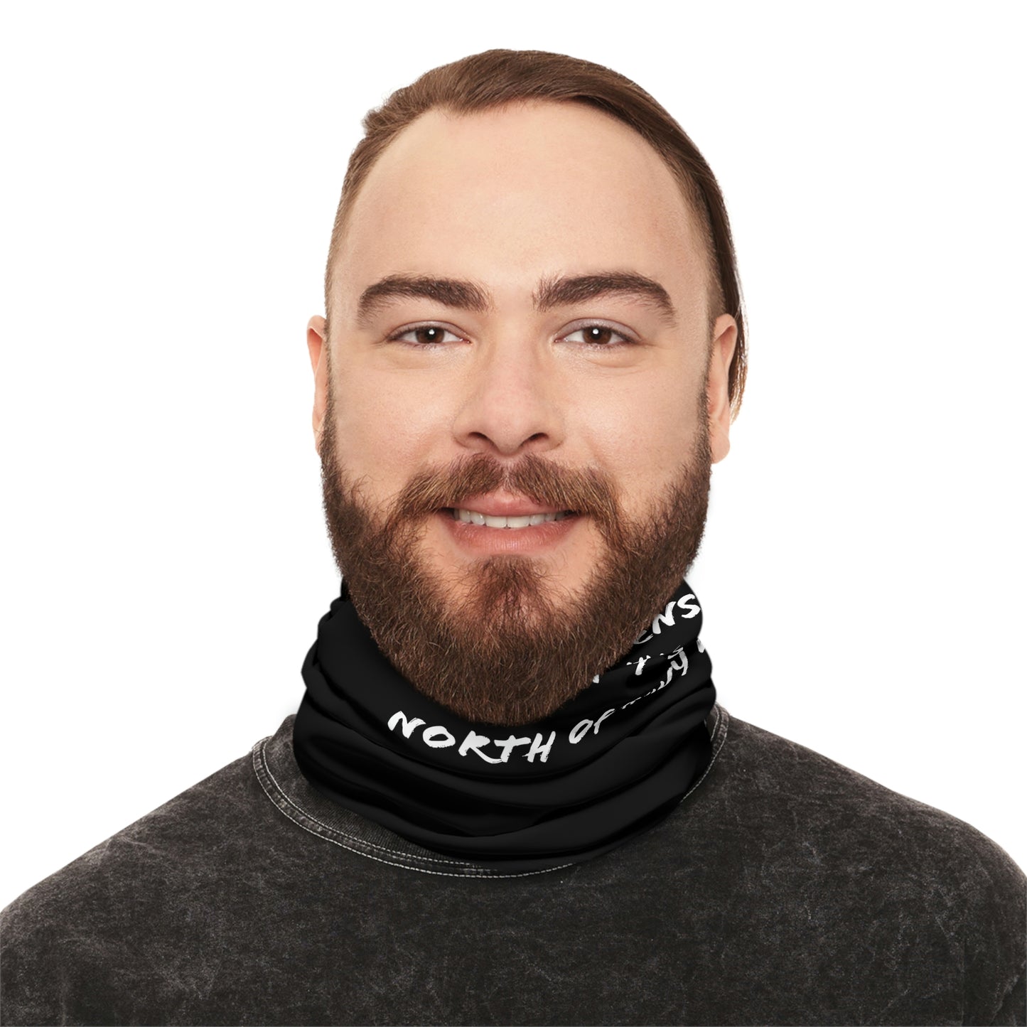 Cool Weather  - North of Hwy 2 - Pattern - Fishing / Snowmobiling Winter Neck Gaiter With Drawstring - Black