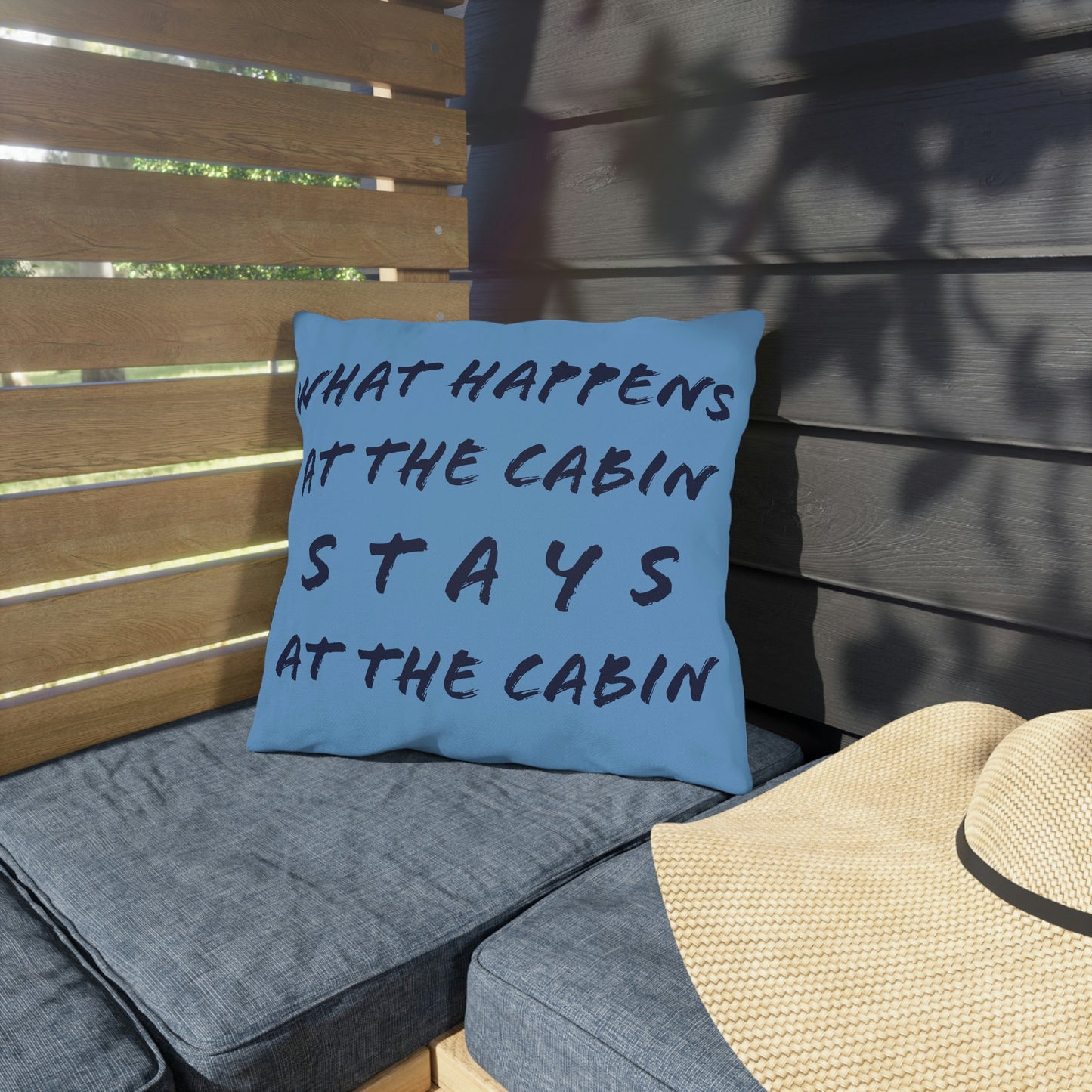 What Happens At The Cabin - Blue - Outdoor Pillow