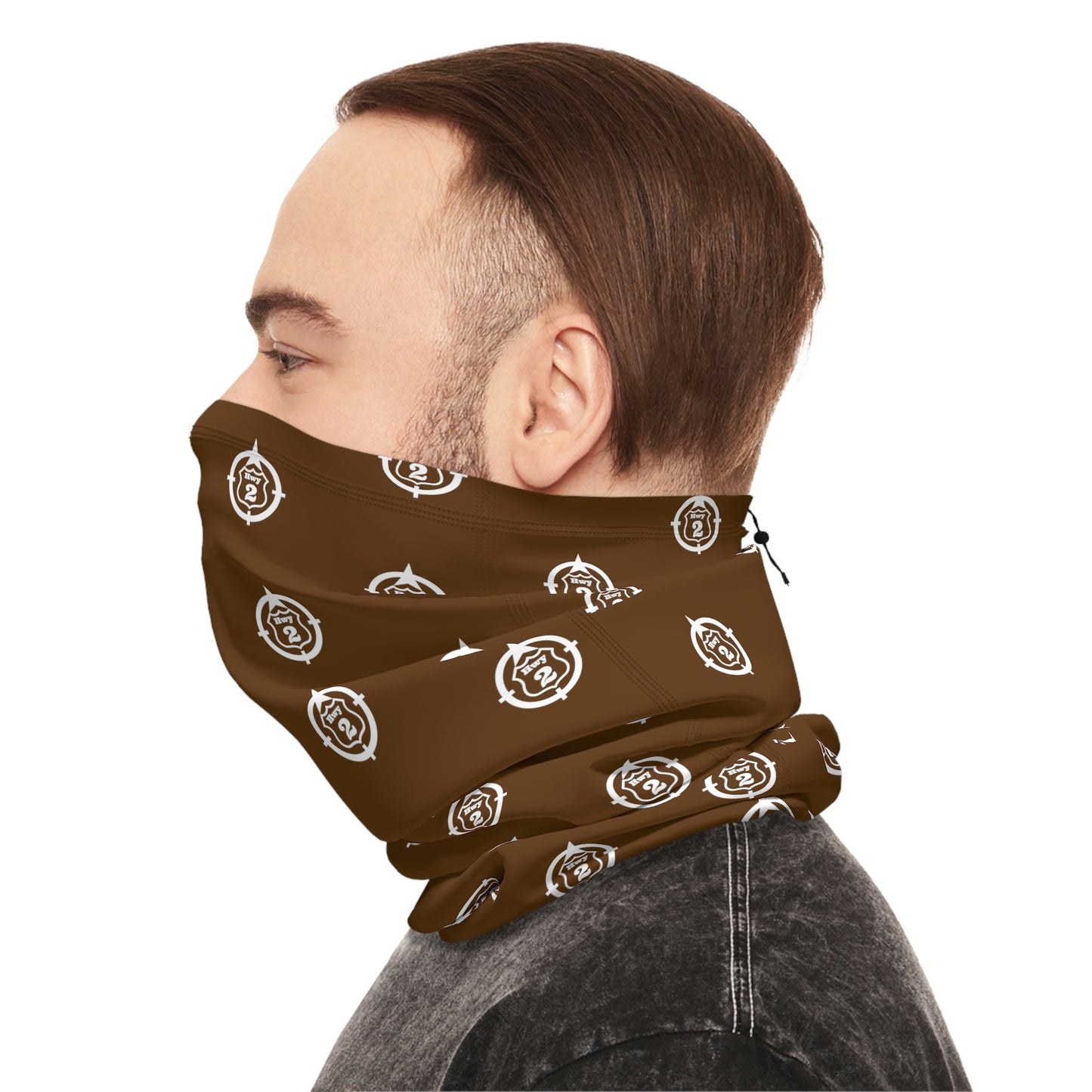 Cool Weather  - N o 2 - North of Hwy 2 - Pattern - Fishing / Snowmobiling Winter Neck Gaiter With Drawstring - Brown