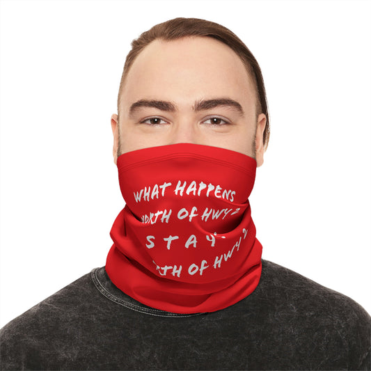 Cool Weather  - North of Hwy 2 - Pattern - Fishing / Snowmobiling Winter Neck Gaiter With Drawstring - Red